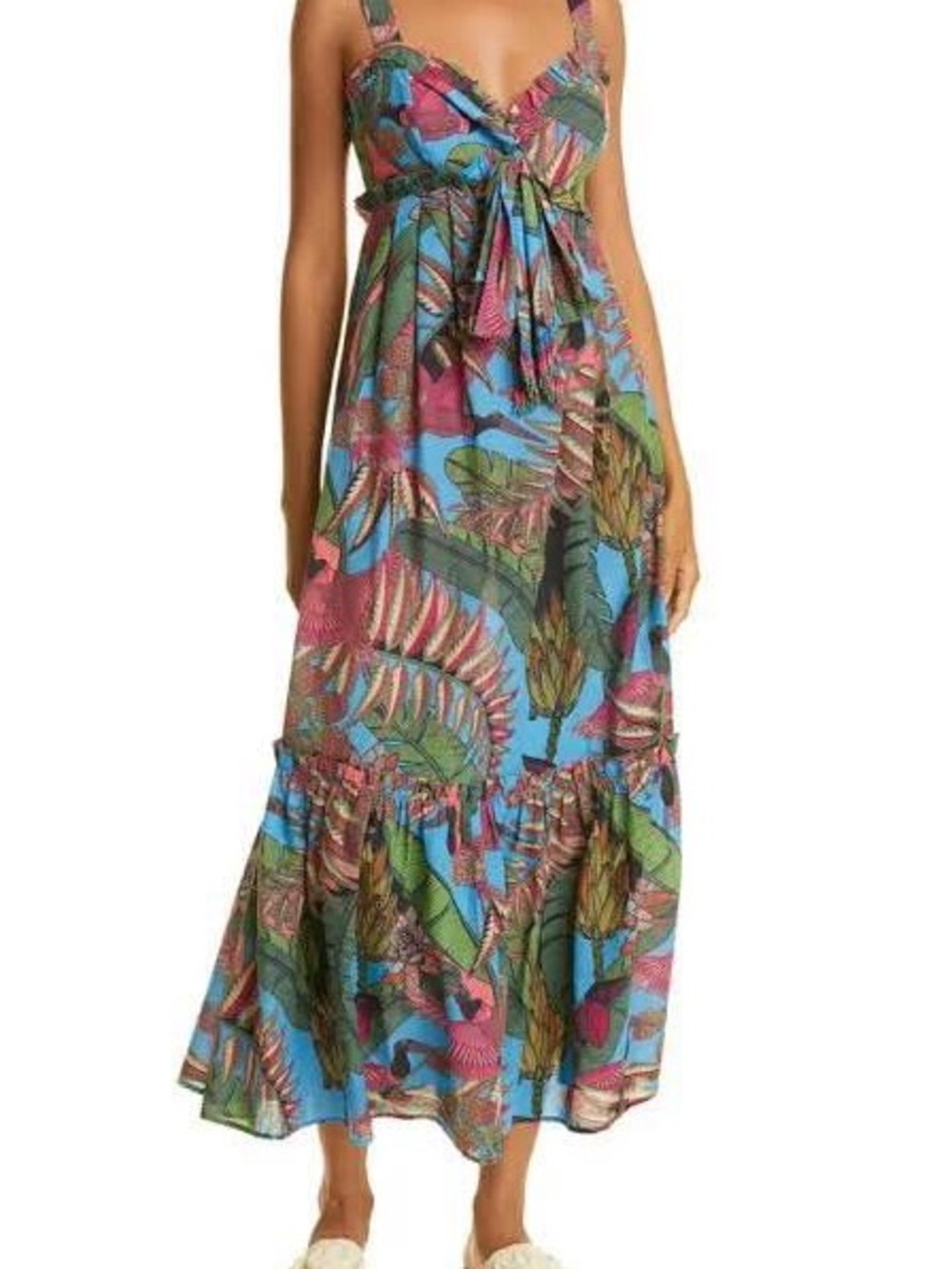 FARM Rio Blue Tropical Leaf Maxi Dress with Pink & Green Accents
